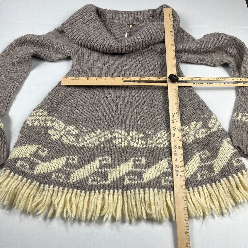Free People Nordic Fringe Sweater Beige Cowl Neck Winter Cozy Pullover SMALL - Picture 5 of 11